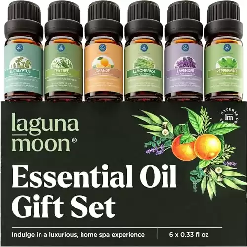 LagunaMoon 6-Pack Essential Oils Set: Peppermint, Tea Tree, Lavender, Eucalyptus, Lemongrass, Zesty Orange